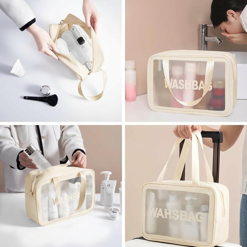 FLYNGO Clear Makeup Pouch Set, Cosmetic Organizer Bag for Women and Girls Travel Waterproof Toiletry Storage Kit (Set of 3 Beige) mihikart.com