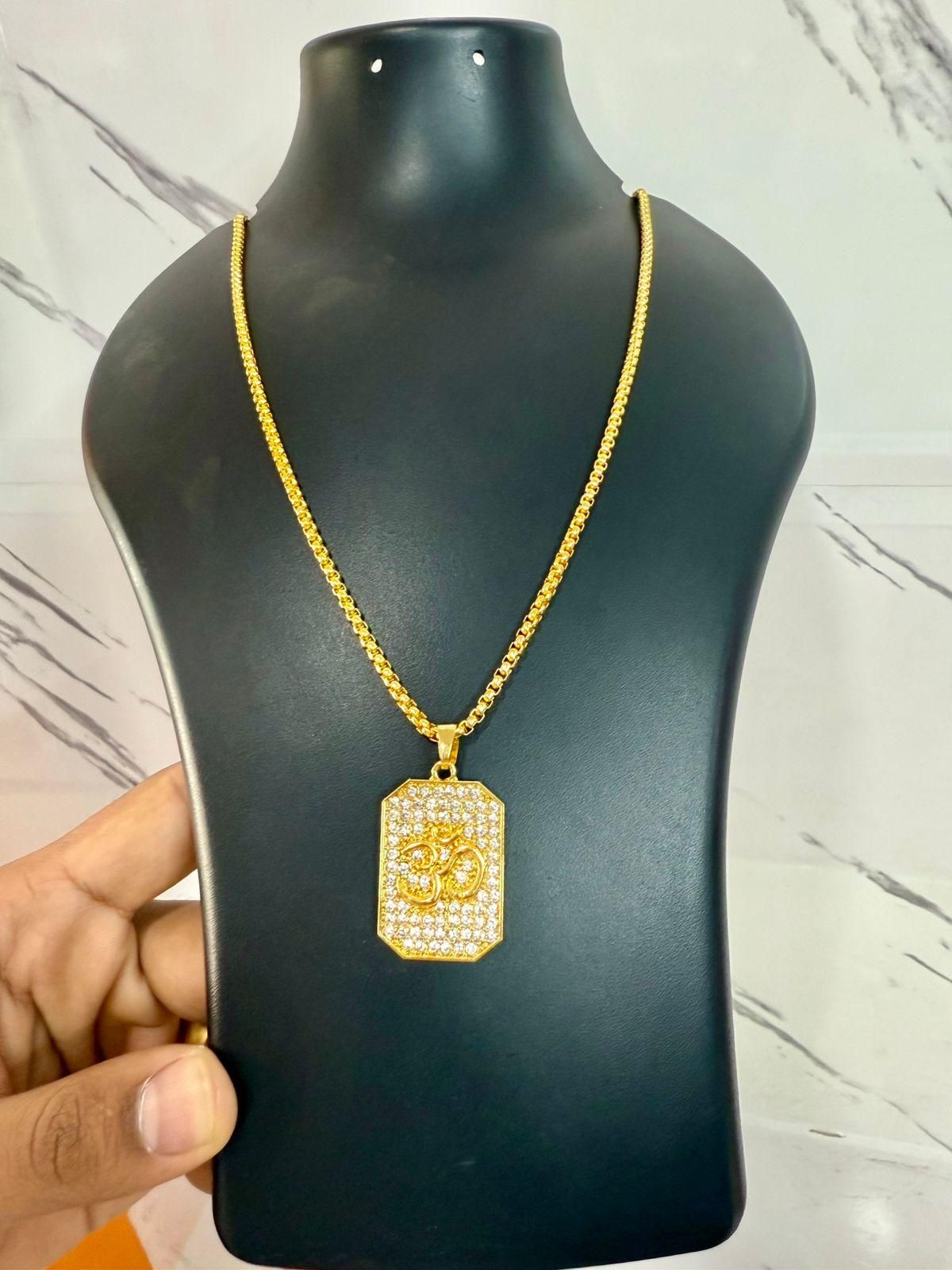 Gold Plated Om Diamond Pendant and Chain - mihikart.com 