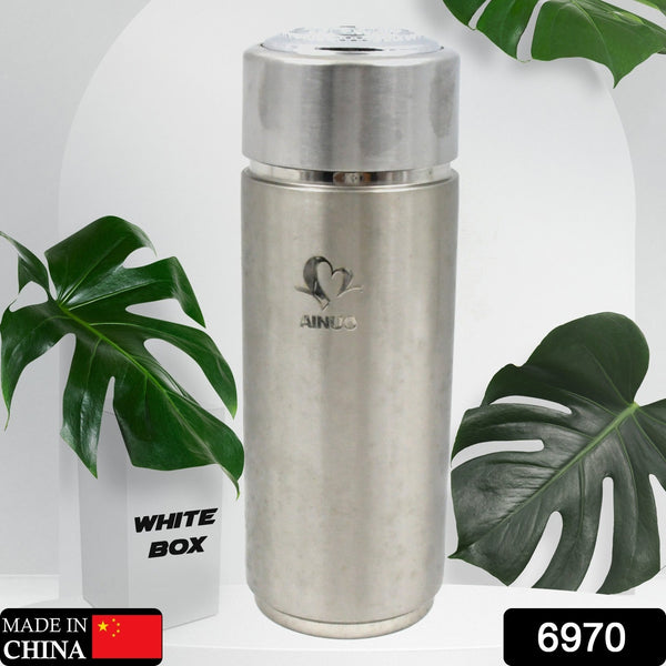 Leak-proof thermos with secure cap for travel.