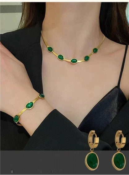 Oval Green Crystal Pendant Necklace Set With Bracelet 5bb8c4-09