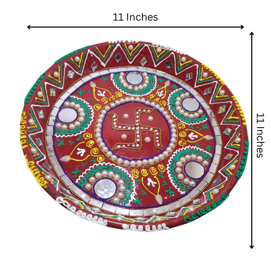Mihikart Handmade Decorative Pooja Thali Swastik Design, Puja Plate, Karwachauth Thali Set, Diwali Gift Items, Decorative Items for Pooja, Aarti Thali Decorative - 11 inches Mihikart-01