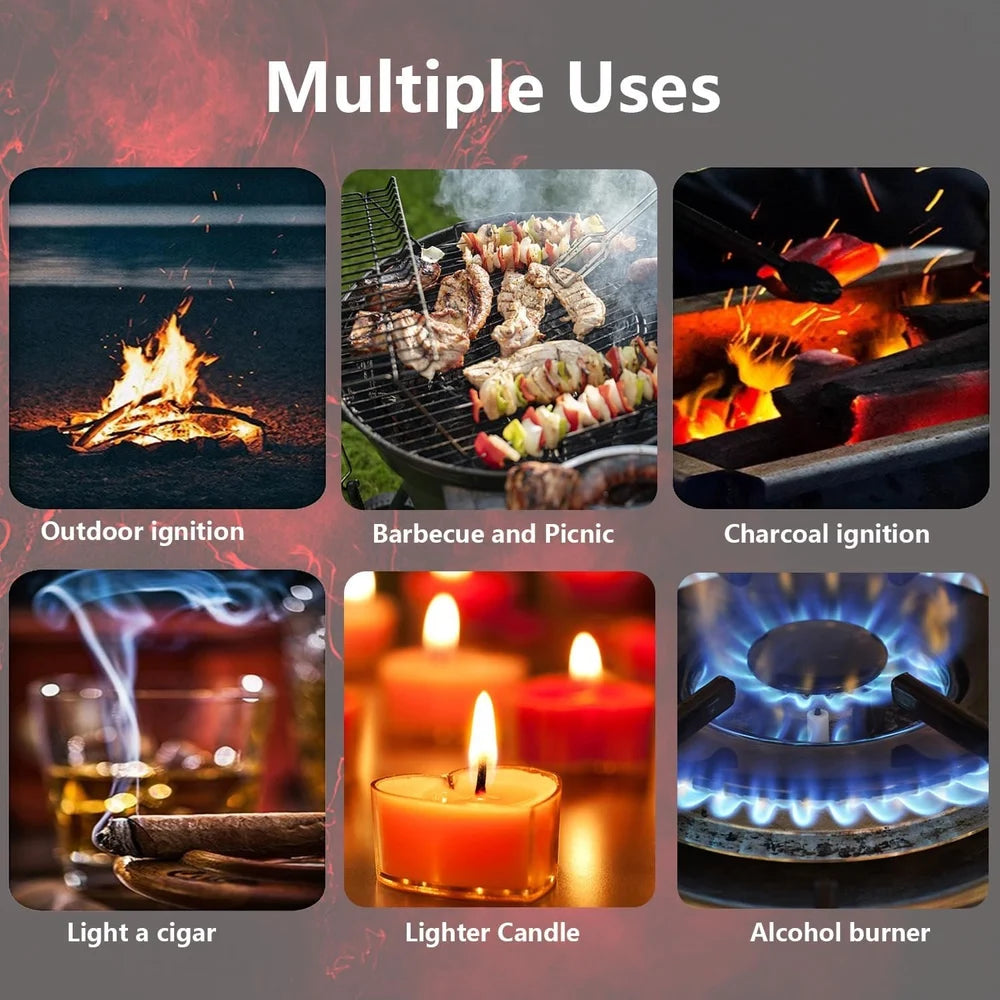 Matchstick gas lighter igniting charcoal on BBQ grill with glowing coals red tip yellow wood grain body one touch trigger close up action shot