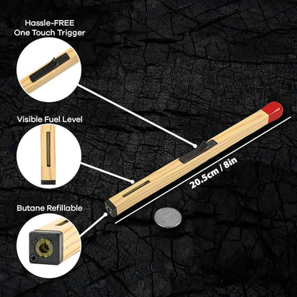 Matchstick shaped butane gas lighter lit flame yellow stick red cap black trigger held in hand lifestyle kitchen candle lighting setting