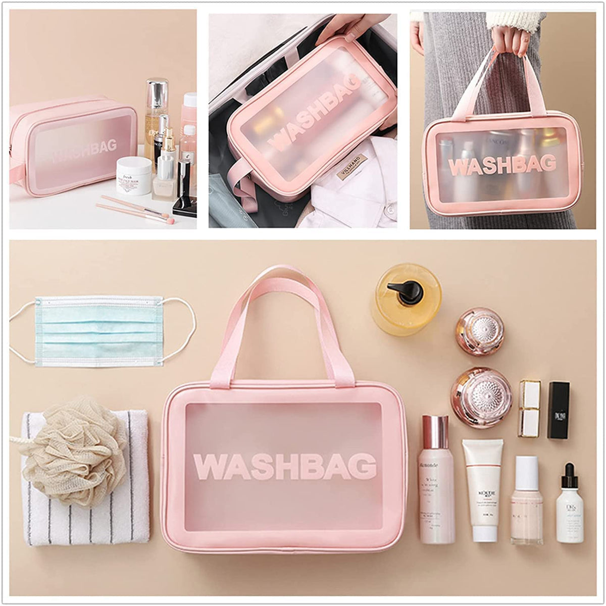 FLYNGO Clear Makeup Pouch Set, Cosmetic Organizer Bag for Women and Girls Travel Waterproof Toiletry Storage Kit (Set of 3 Beige) mihikart.com