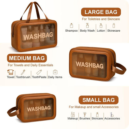 FLYNGO Clear Makeup Pouch Set, Cosmetic Organizer Bag for Women and Girls Travel Waterproof Toiletry Storage Kit (Set of 3 Beige) mihikart.com