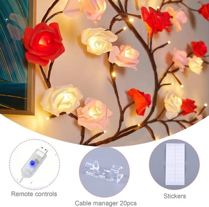 Rose vine LED light accessories USB remote control 20 cable managers adhesive stickers included in box