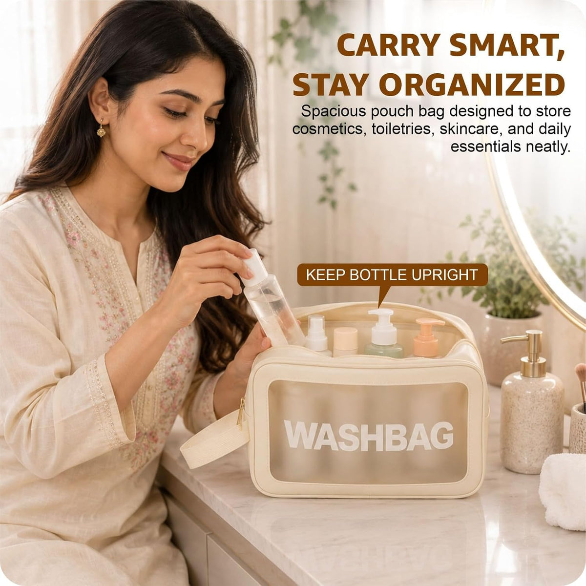 FLYNGO Clear Makeup Pouch Set, Cosmetic Organizer Bag for Women and Girls Travel Waterproof Toiletry Storage Kit (Set of 3 Beige) mihikart.com