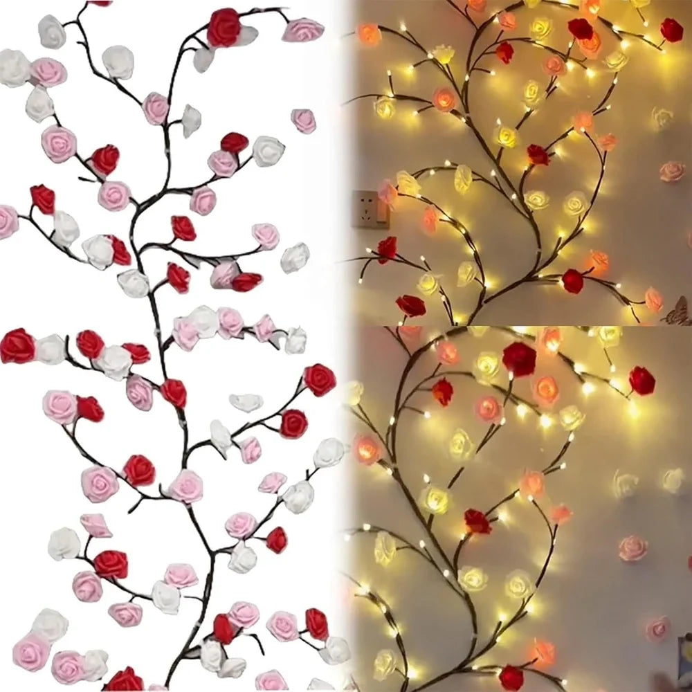 Rose vine LED branch light at wedding reception arch pink backdrop red white roses romantic warm LED glow