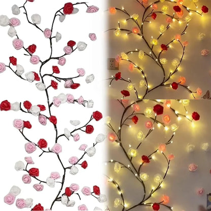 Rose vine LED branch light at wedding reception arch pink backdrop red white roses romantic warm LED glow