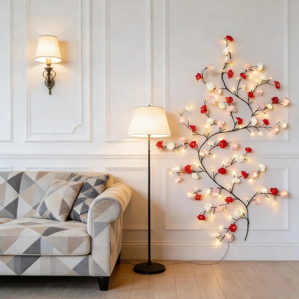 Rose vine LED branch light product view flexible brown branches red pink white rose blooms multicolor warm LEDs white background