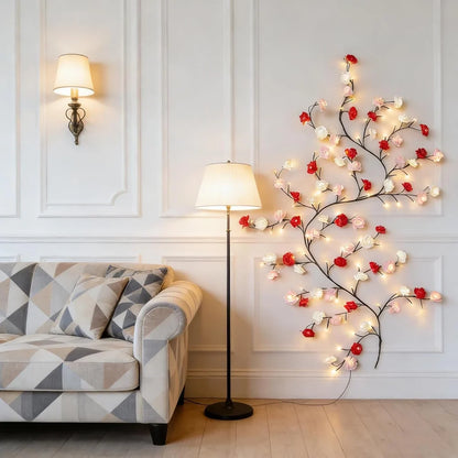 Rose vine LED branch light product view flexible brown branches red pink white rose blooms multicolor warm LEDs white background
