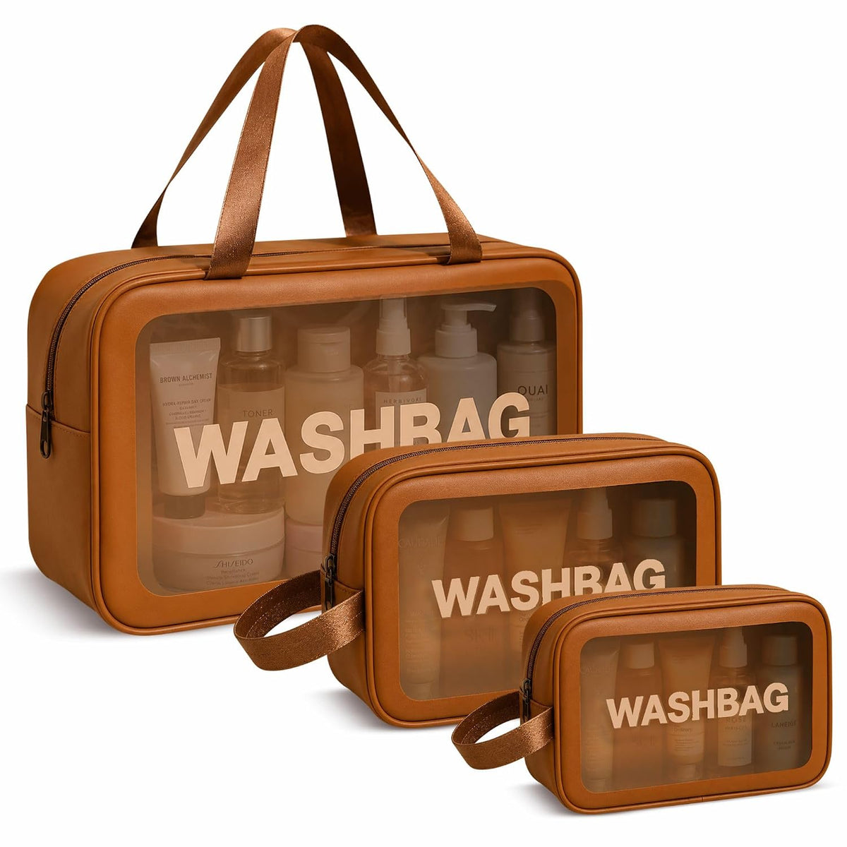 FLYNGO Clear Makeup Pouch Set, Cosmetic Organizer Bag for Women and Girls Travel Waterproof Toiletry Storage Kit (Set of 3 Beige) mihikart.com