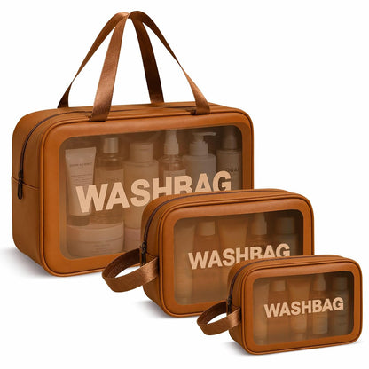 FLYNGO Clear Makeup Pouch Set, Cosmetic Organizer Bag for Women and Girls Travel Waterproof Toiletry Storage Kit (Set of 3 Beige) mihikart.com