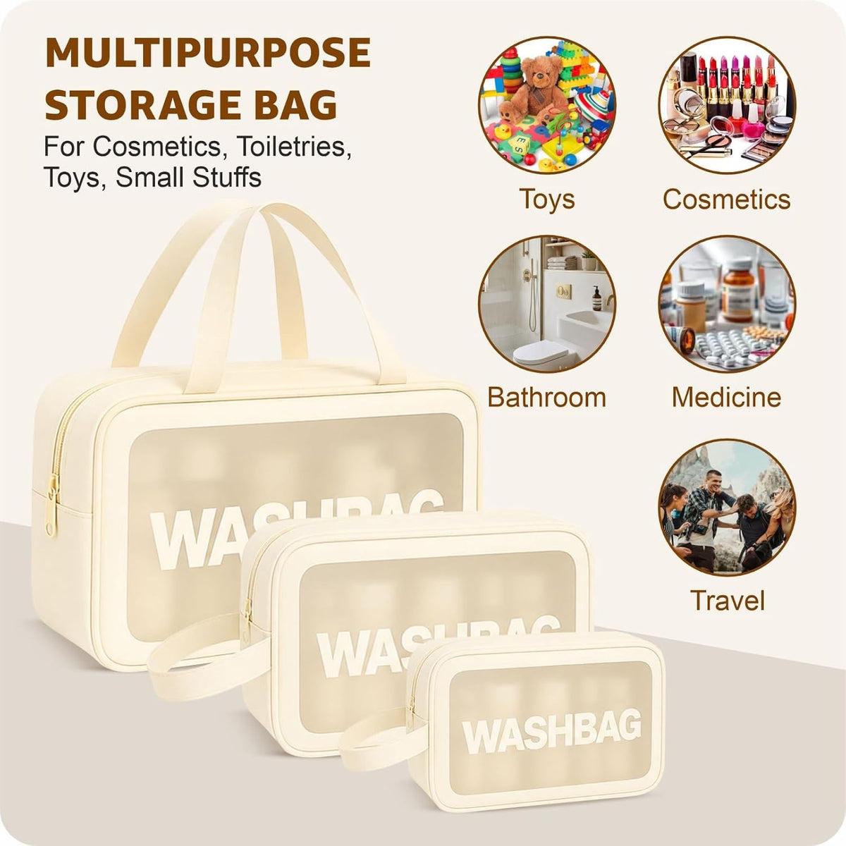 FLYNGO Clear Makeup Pouch Set, Cosmetic Organizer Bag for Women and Girls Travel Waterproof Toiletry Storage Kit (Set of 3 Beige) mihikart.com