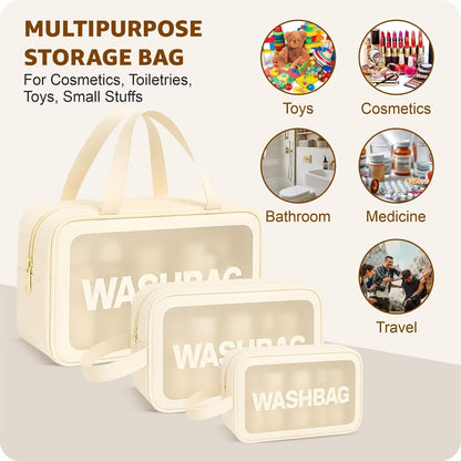 FLYNGO Clear Makeup Pouch Set, Cosmetic Organizer Bag for Women and Girls Travel Waterproof Toiletry Storage Kit (Set of 3 Beige) mihikart.com