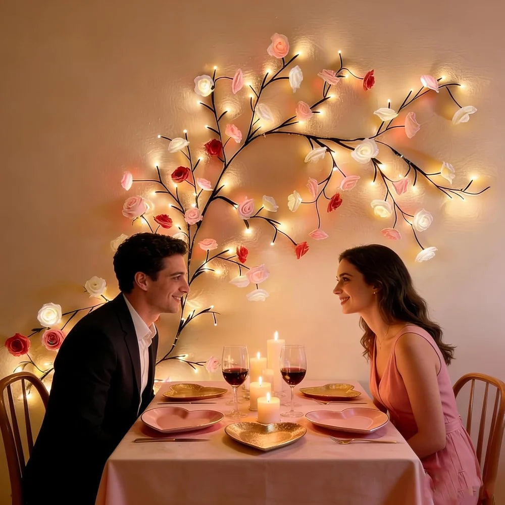 Rose vine LED light application scenarios bedroom study room living room wall 4-scene lifestyle collage