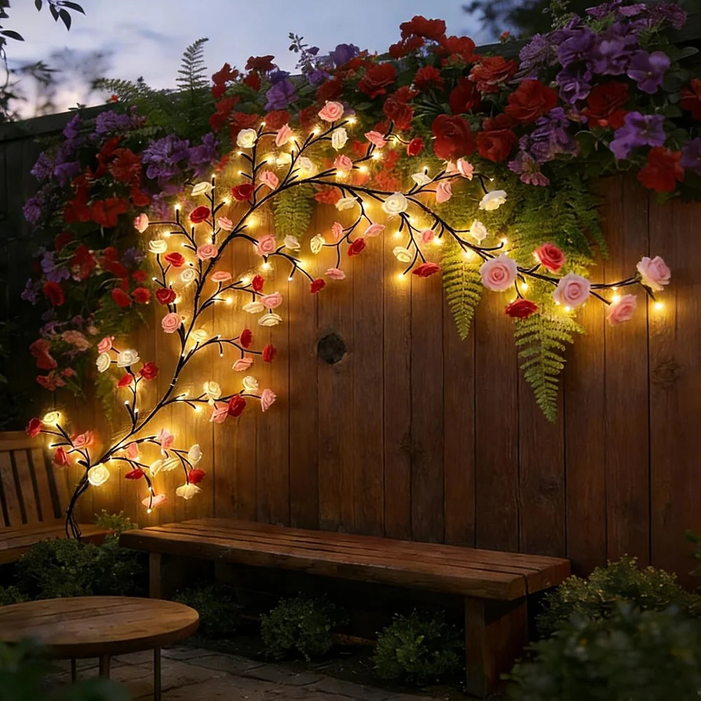 Rose vine LED branch light on outdoor garden fence at dusk IP65 waterproof red pink white rose LED blooms