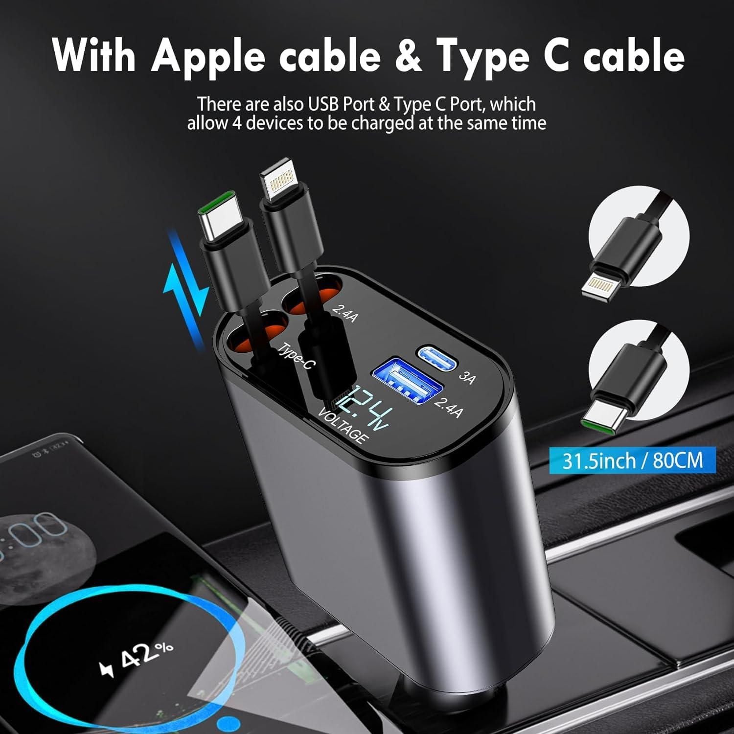 4 in 1 Retractable Car Charger with Fast Charging & Dual Ports ✅Trusted Seller