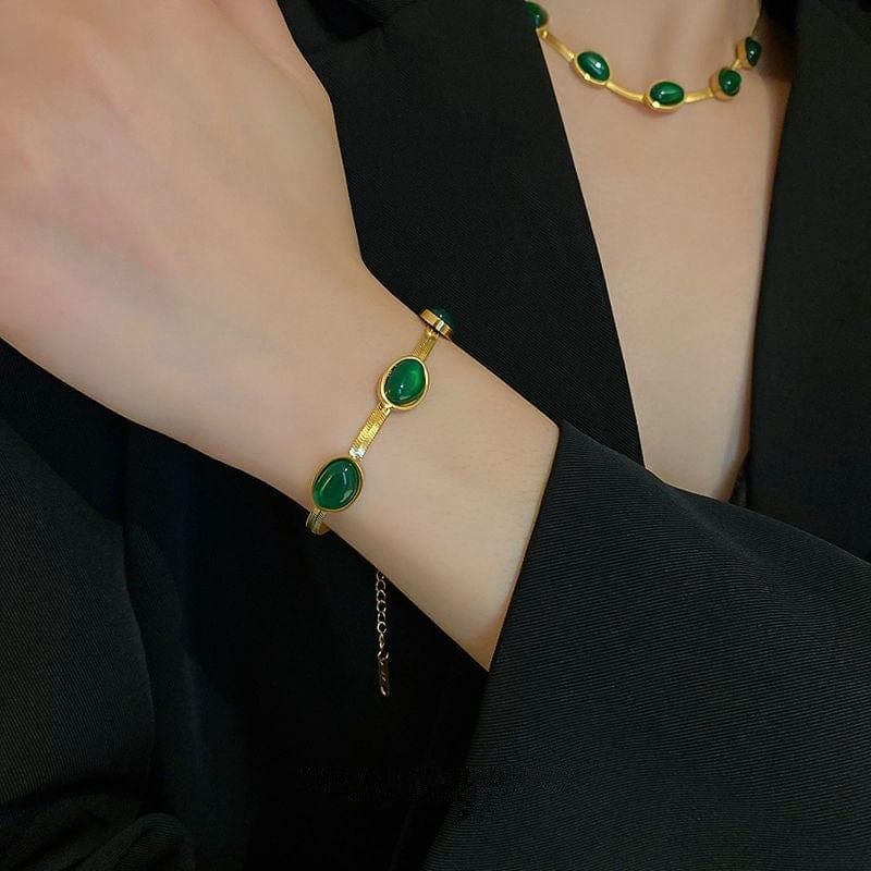 Oval Green Crystal Pendant Necklace Set With Bracelet 5bb8c4-09