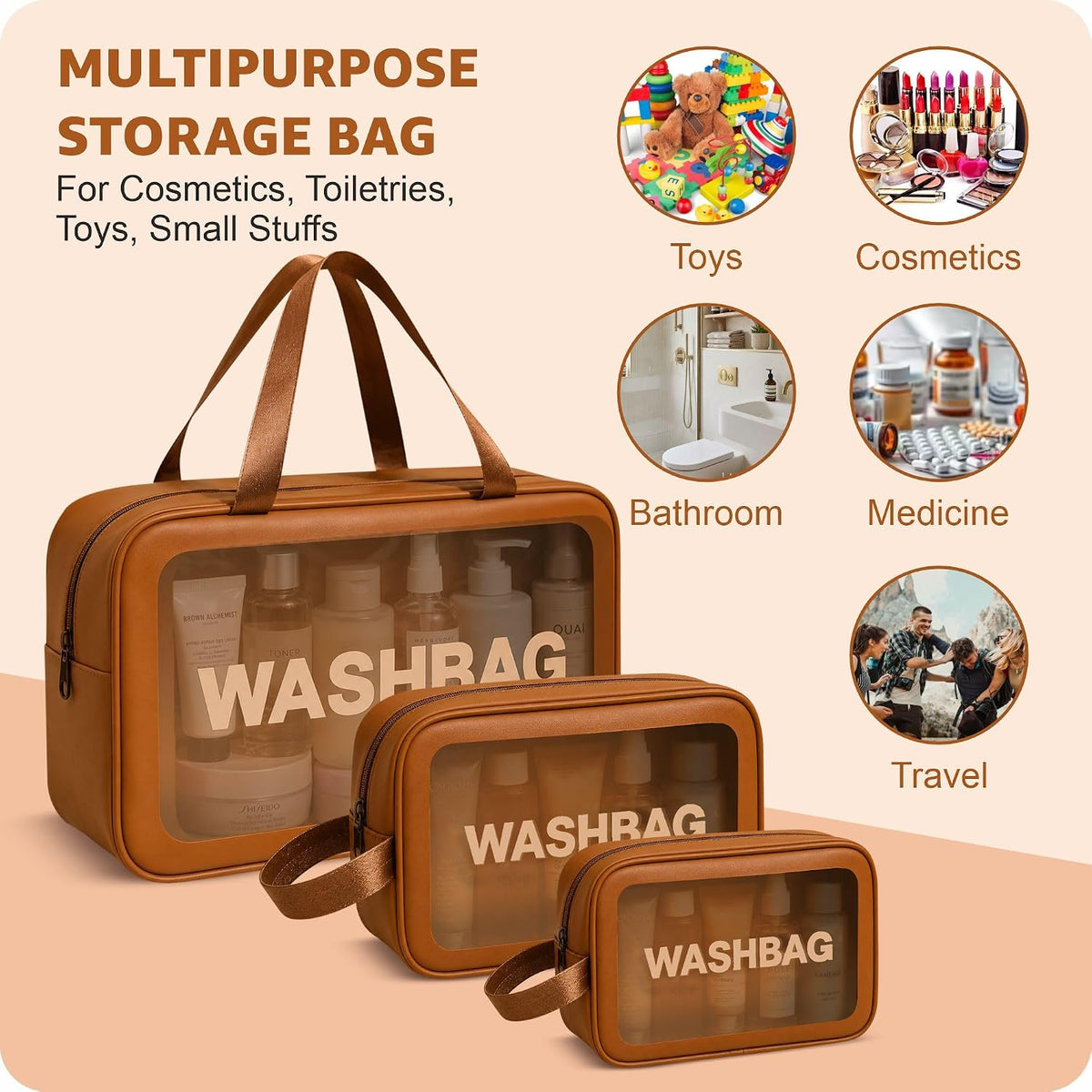 FLYNGO Clear Makeup Pouch Set, Cosmetic Organizer Bag for Women and Girls Travel Waterproof Toiletry Storage Kit (Set of 3 Beige) mihikart.com