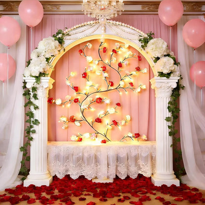 Rose vine LED branch light on living room wall warm glow red pink white roses USB powered indoor home decor