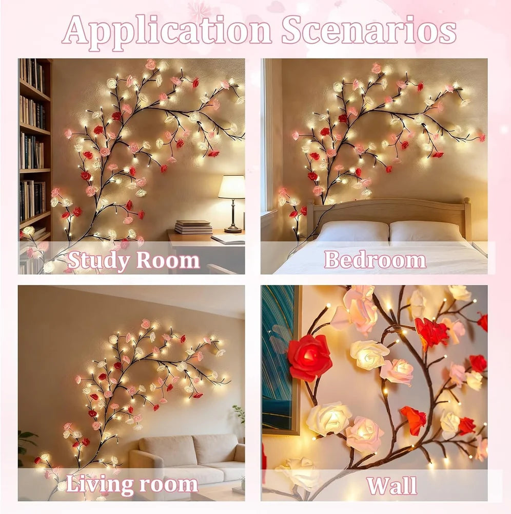 Rose vine LED branch light close-up warm glow red pink white rose blooms realistic brown branches 72 LEDs multicolor