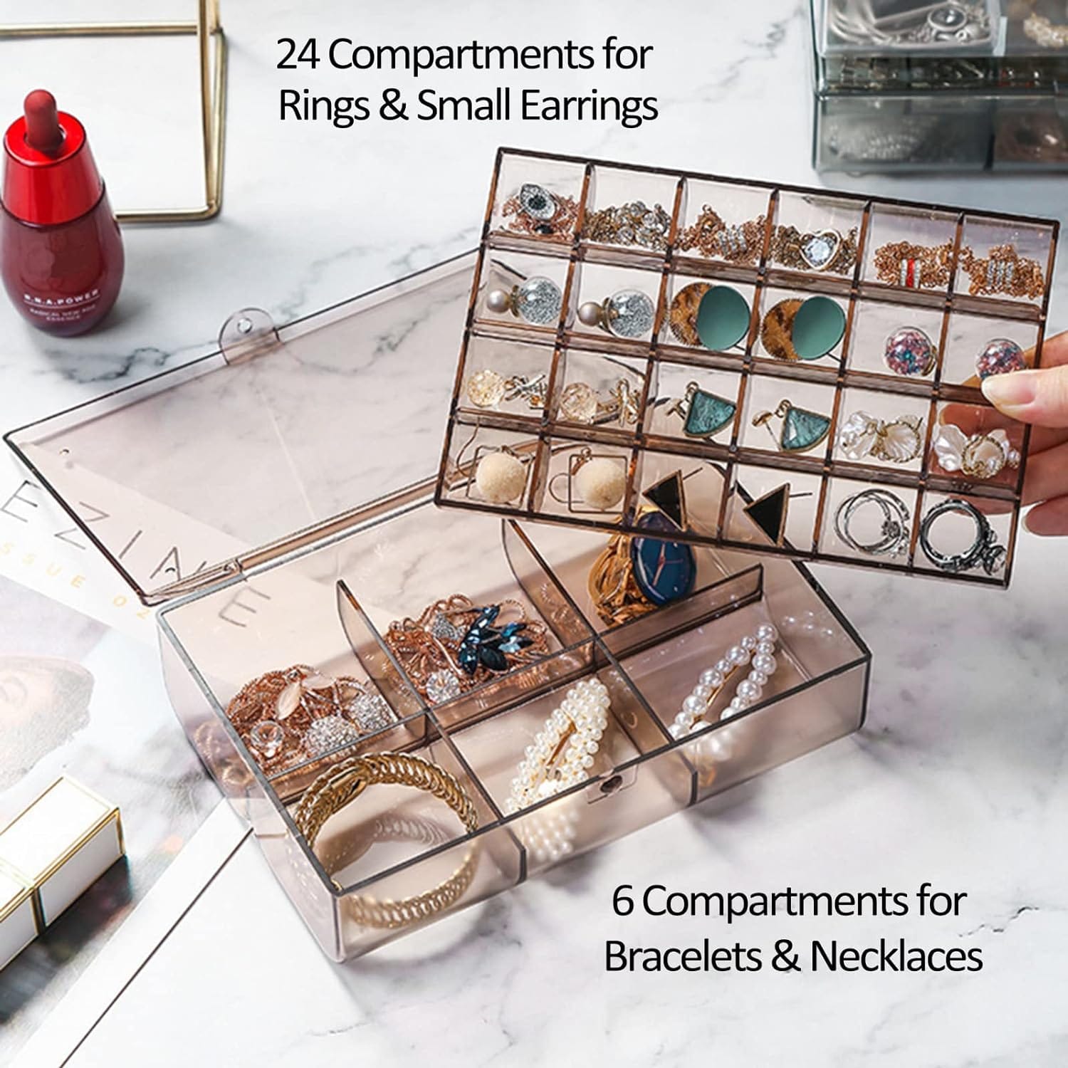 2 layer Acrylic Jewelry Storage Box Dustproof Earring Box, Storage Box Portable Nail Art Storage Case, 24-Grid Small and 6-Grid Big case Makeup Vanity Box (1 Pc / 30 Compartment) - mihikart.com Home Improvement