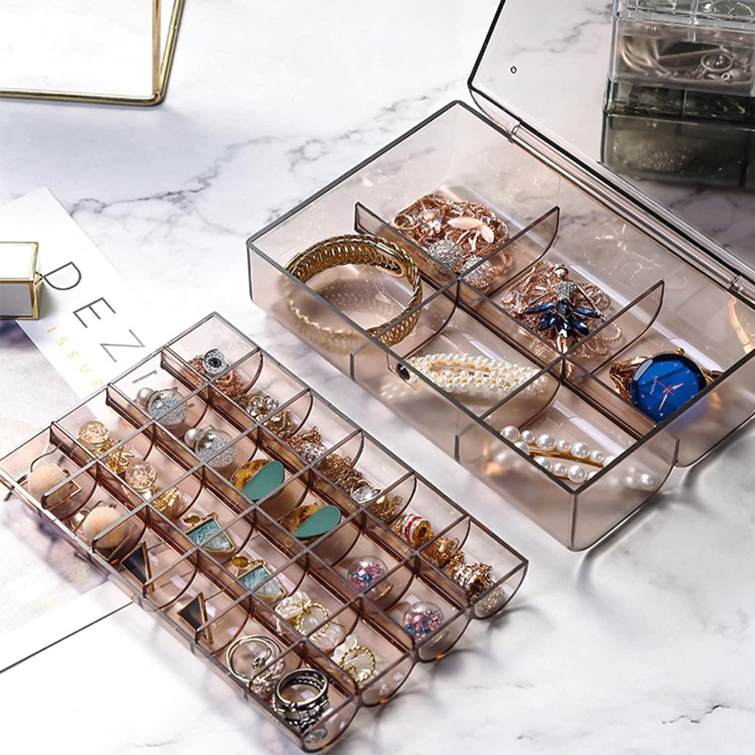 2 layer Acrylic Jewelry Storage Box Dustproof Earring Box, Storage Box Portable Nail Art Storage Case, 24-Grid Small and 6-Grid Big case Makeup Vanity Box (1 Pc / 30 Compartment) - mihikart.com Home Improvement