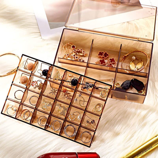 2 layer Acrylic Jewelry Storage Box Dustproof Earring Box, Storage Box Portable Nail Art Storage Case, 24-Grid Small and 6-Grid Big case Makeup Vanity Box (1 Pc / 30 Compartment) - mihikart.com Home Improvement