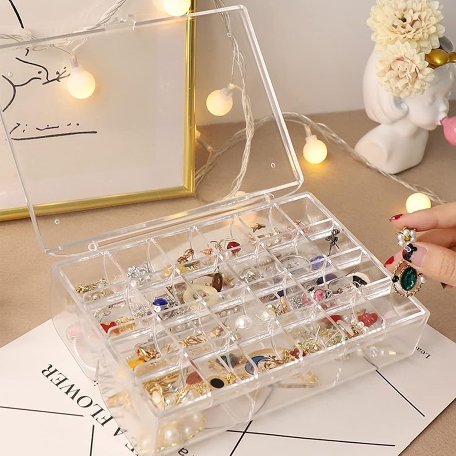 2 layer Acrylic Jewelry Storage Box Dustproof Earring Box, Storage Box Portable Nail Art Storage Case, 24-Grid Small and 6-Grid Big case Makeup Vanity Box (1 Pc / 30 Compartment) - mihikart.com Home Improvement