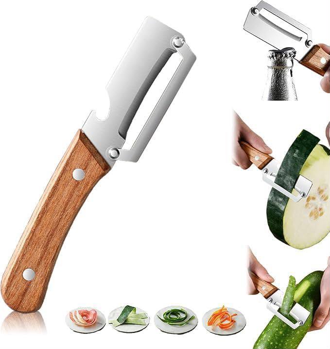 2-in-1 Premium Vegetable Peeler with Wooden Handle | Stainless Steel Wide Blade + Julienne Shredder + Bottle Opener Mihikart