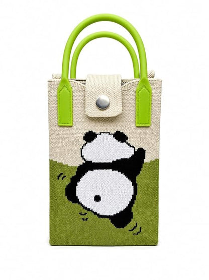 Mini panda graphic bag with cream and green fabric, bright green handles and snap-tab closure
