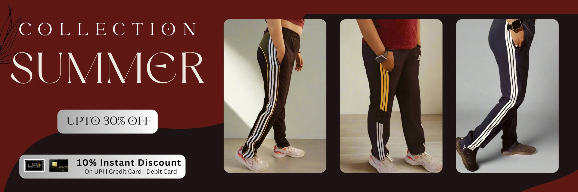 Promotional banner for a summer collection with and people wearing striped pants.