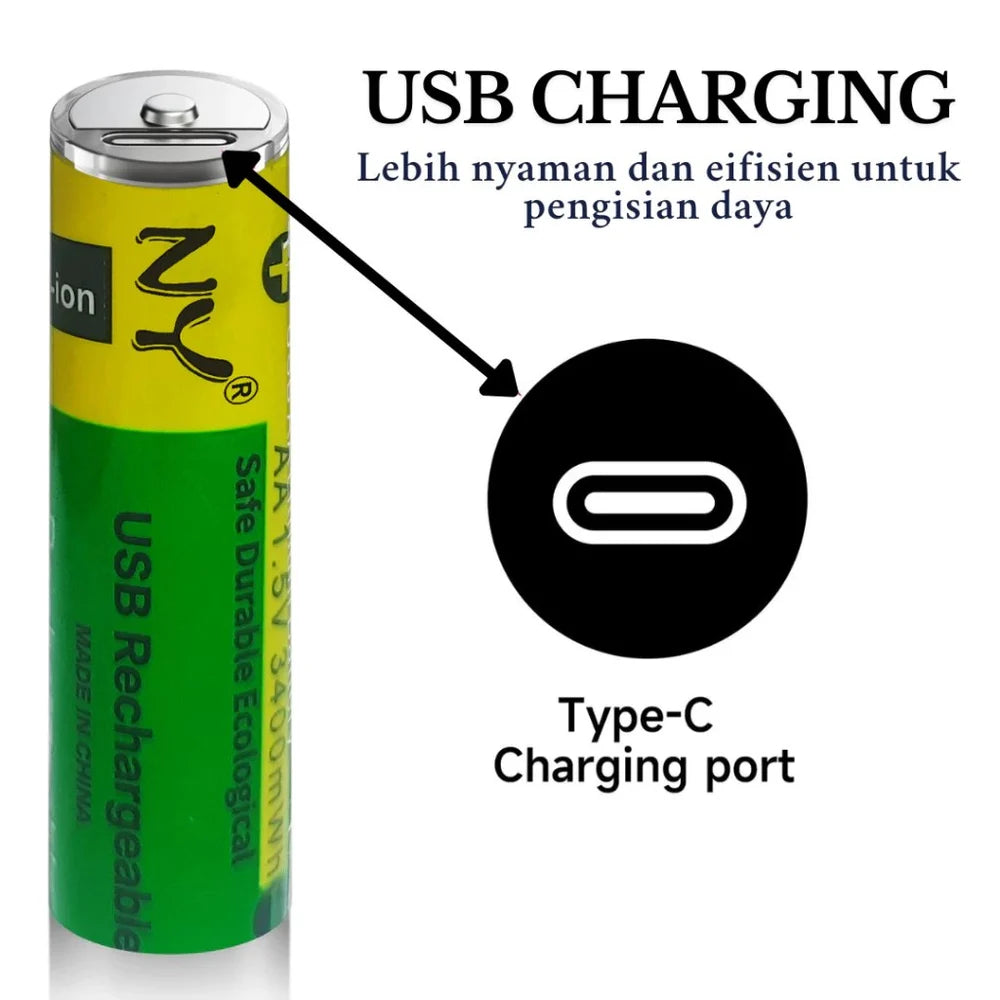 NY AA lithium-ion rechargeable batteries 1.5V 3400mWh blister pack with USB-C cable smart chips 6 protection features