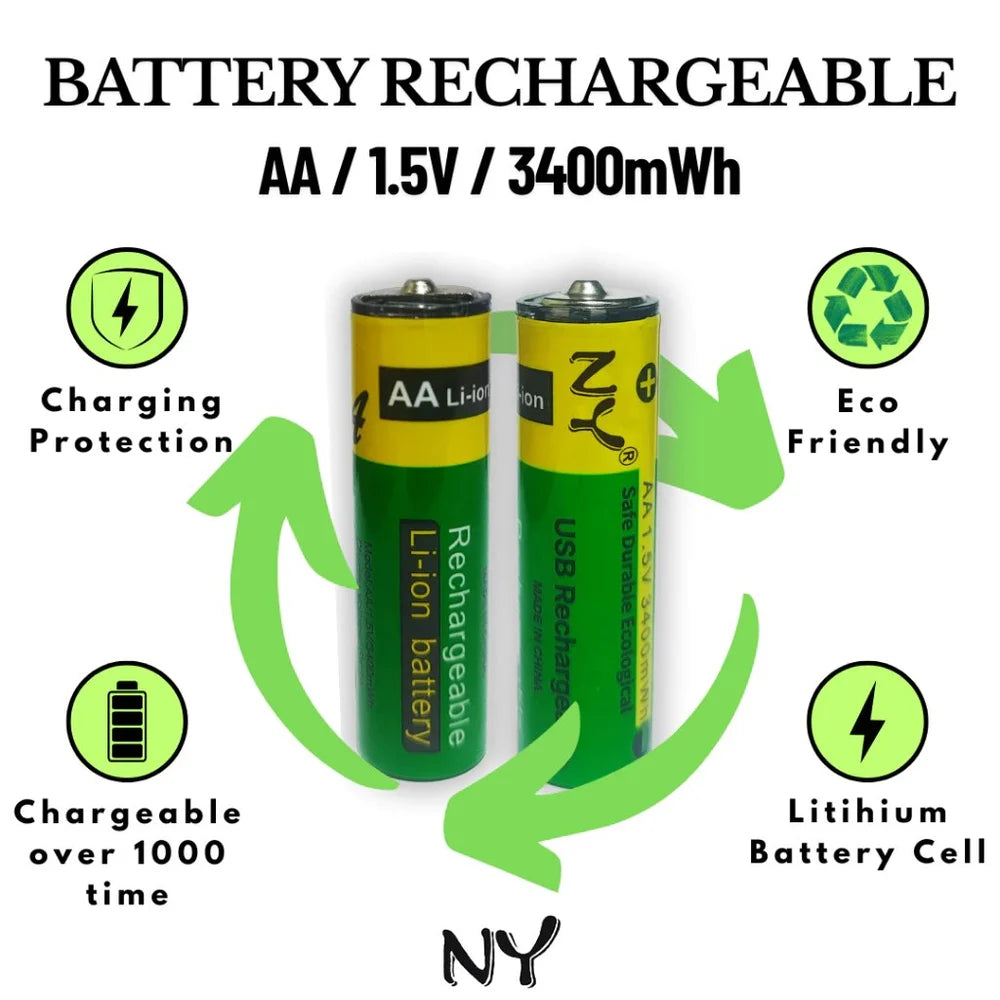 NY AA USB rechargeable battery pack of 2 with cable smart chips packaging overcharge protection 1.5V