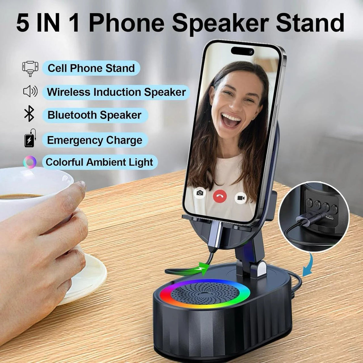 5 In 1 Wireless Induction Speaker | 360° Rotatable Mobile Stand Speaker ✅Trusted Seller