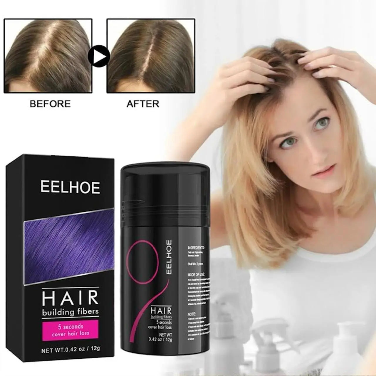 EELHOE Hair Building Fibers - Instant Hair Thickening Fiber Concealer Powder | Black | 12g EELHOE