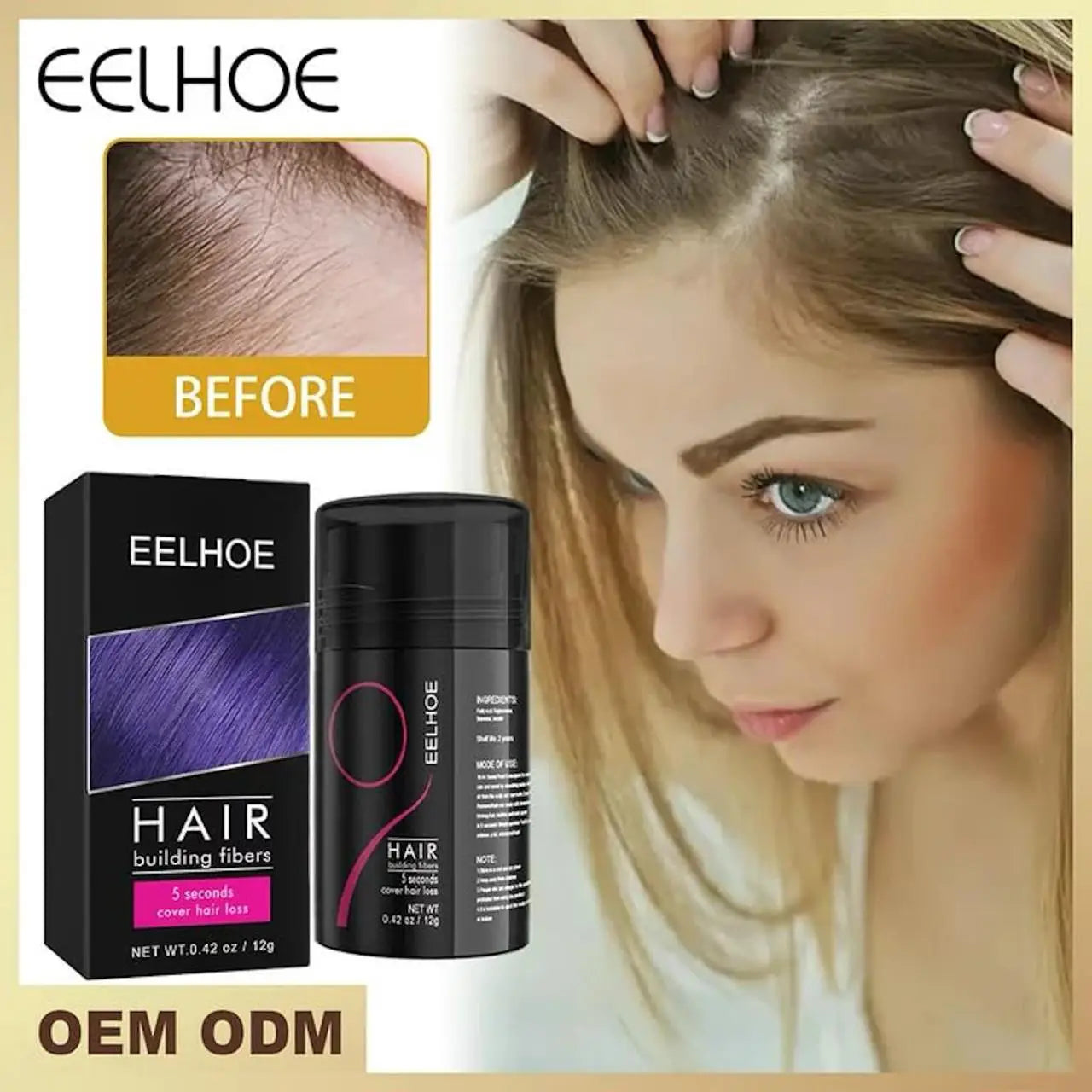 EELHOE Hair Building Fibers - Instant Hair Thickening Fiber Concealer Powder | Black | 12g EELHOE