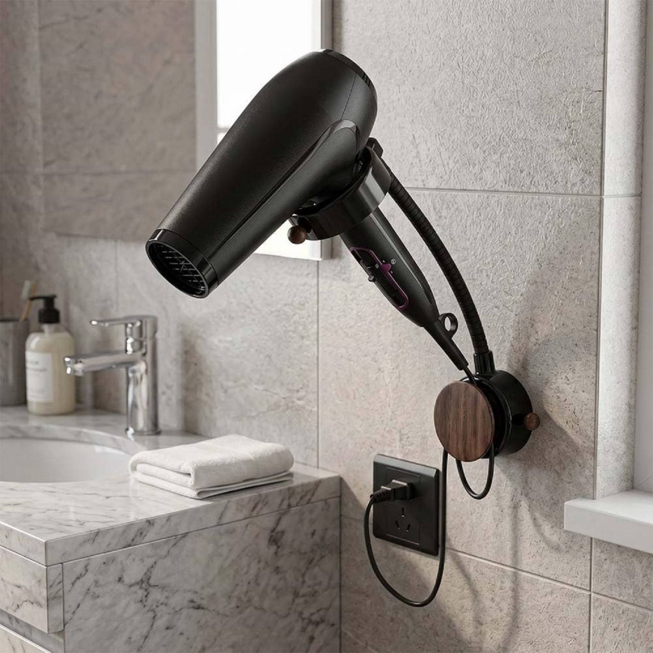 360 degree rotatable hair dryer holder bendable gooseneck arm adjusts to any angle