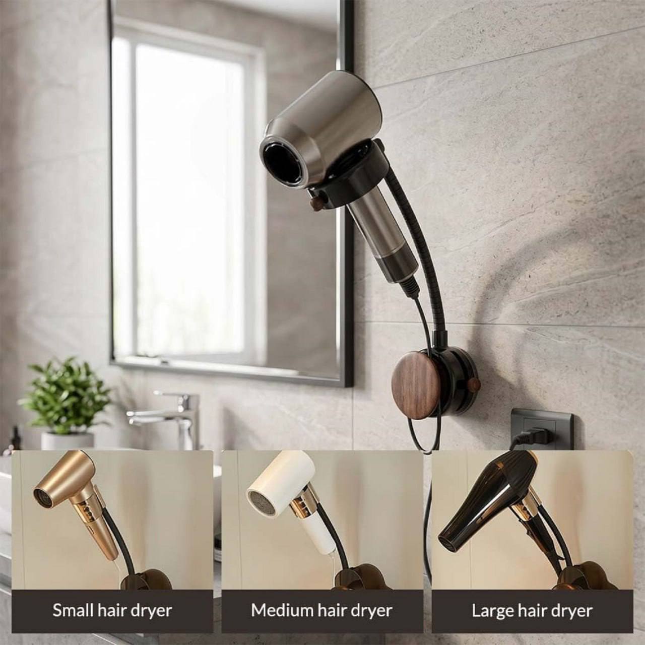 Wall mounted hair dryer holder in bathroom fits small medium and large hair dryers