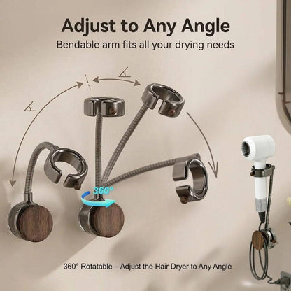 Woman using hands-free wall mounted hair dryer holder in bathroom