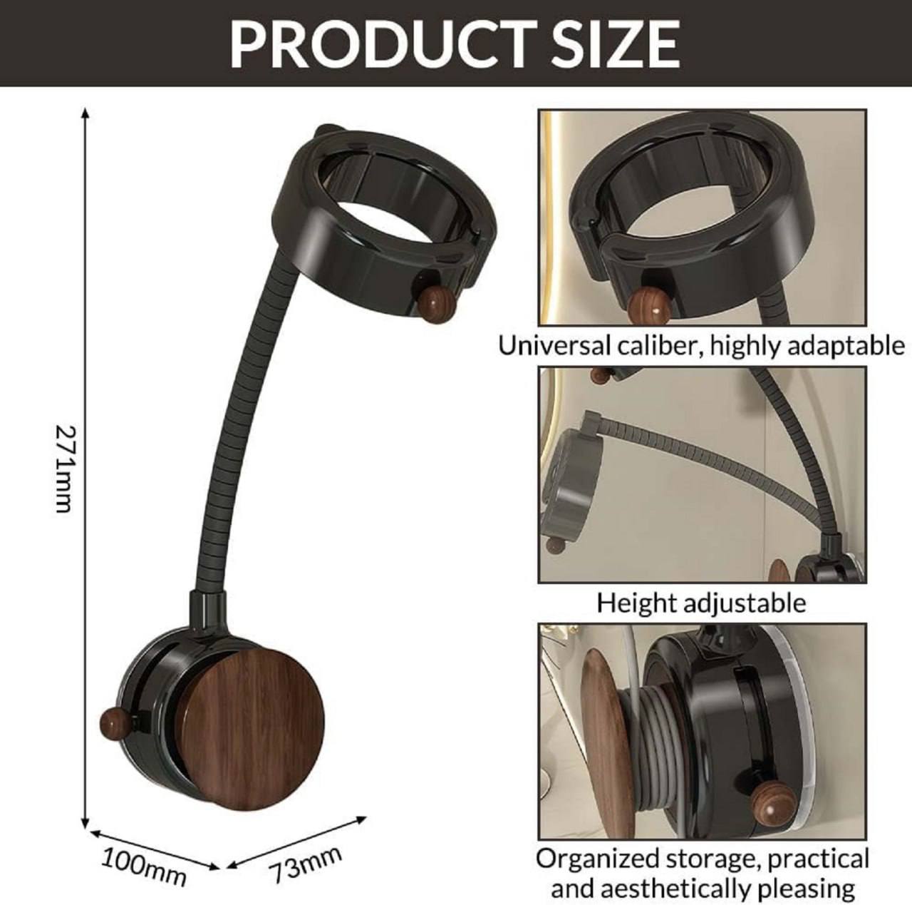 Hair dryer holder product size dimensions 271mm height 100mm base with universal caliber ring
