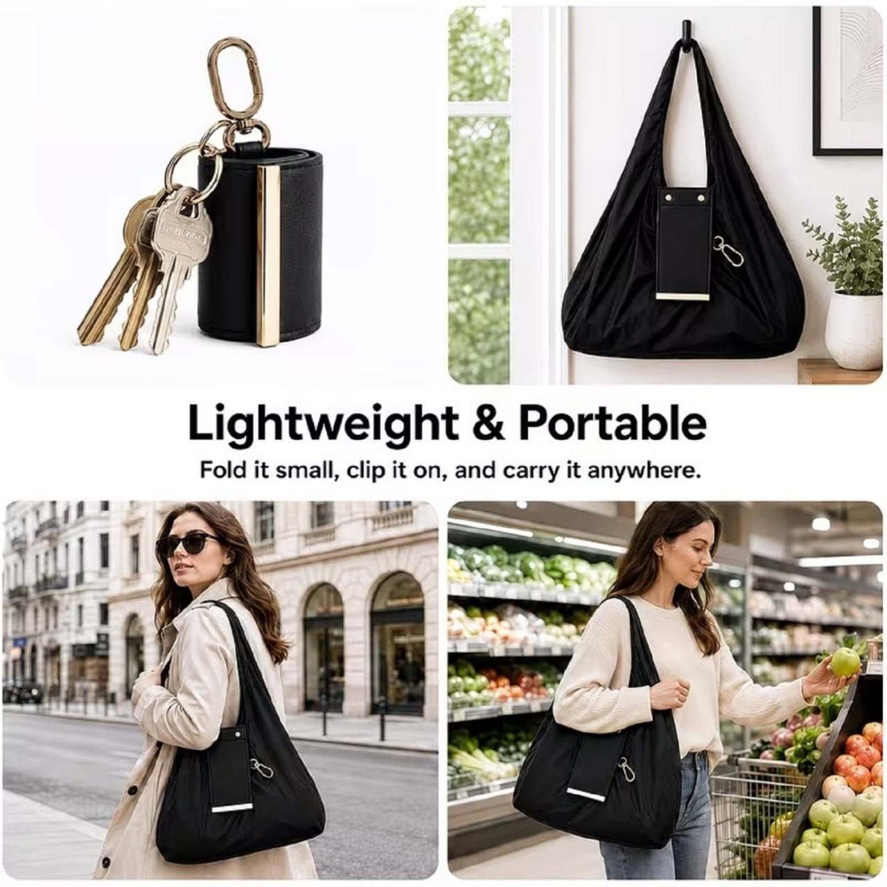 Lightweight portable foldable tote bag fold it small clip it on carry anywhere keychain storage