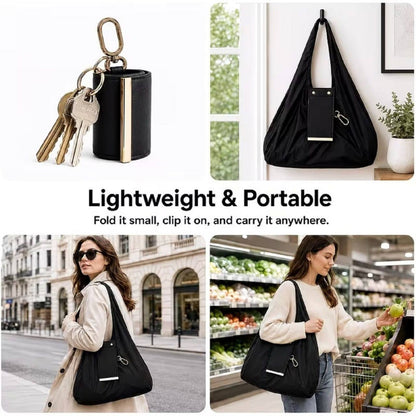 Lightweight portable foldable tote bag fold it small clip it on carry anywhere keychain storage