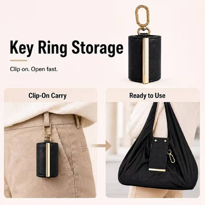 Key ring storage clip-on carry foldable tote bag compact pouch clips to belt loop or bag