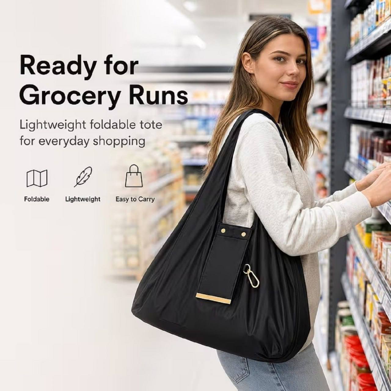 Woman carrying foldable reusable tote bag in grocery store lightweight foldable easy to carry
