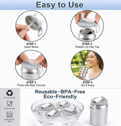 Reusable soda can lid with flip straw easy to use 4 step guide insert straw position press seal sip enjoy