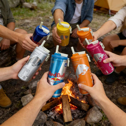 Group of friends at campfire using reusable can lids with straws on Red Bull energy drink cans