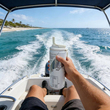 Man on speedboat holding energy drink can with reusable flip straw lid outdoor adventure use