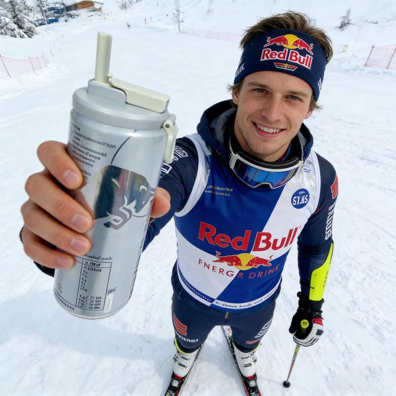 Skier holding energy drink can with reusable soda can lid and straw in snowy mountain setting